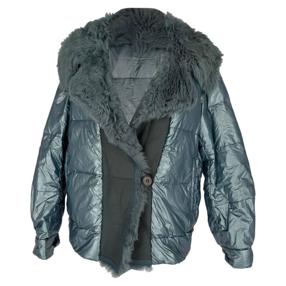 Prada Down Jacket with Faux Fur Hood in Light Blue Nylon
